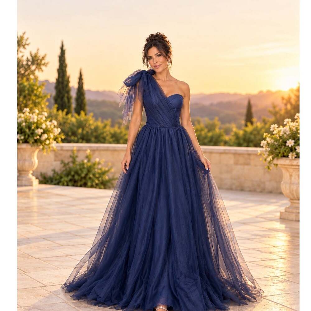 Amazon Fashion Navy Blue One Shoulder Bow Tulle Formal Gown Size 10 NWT